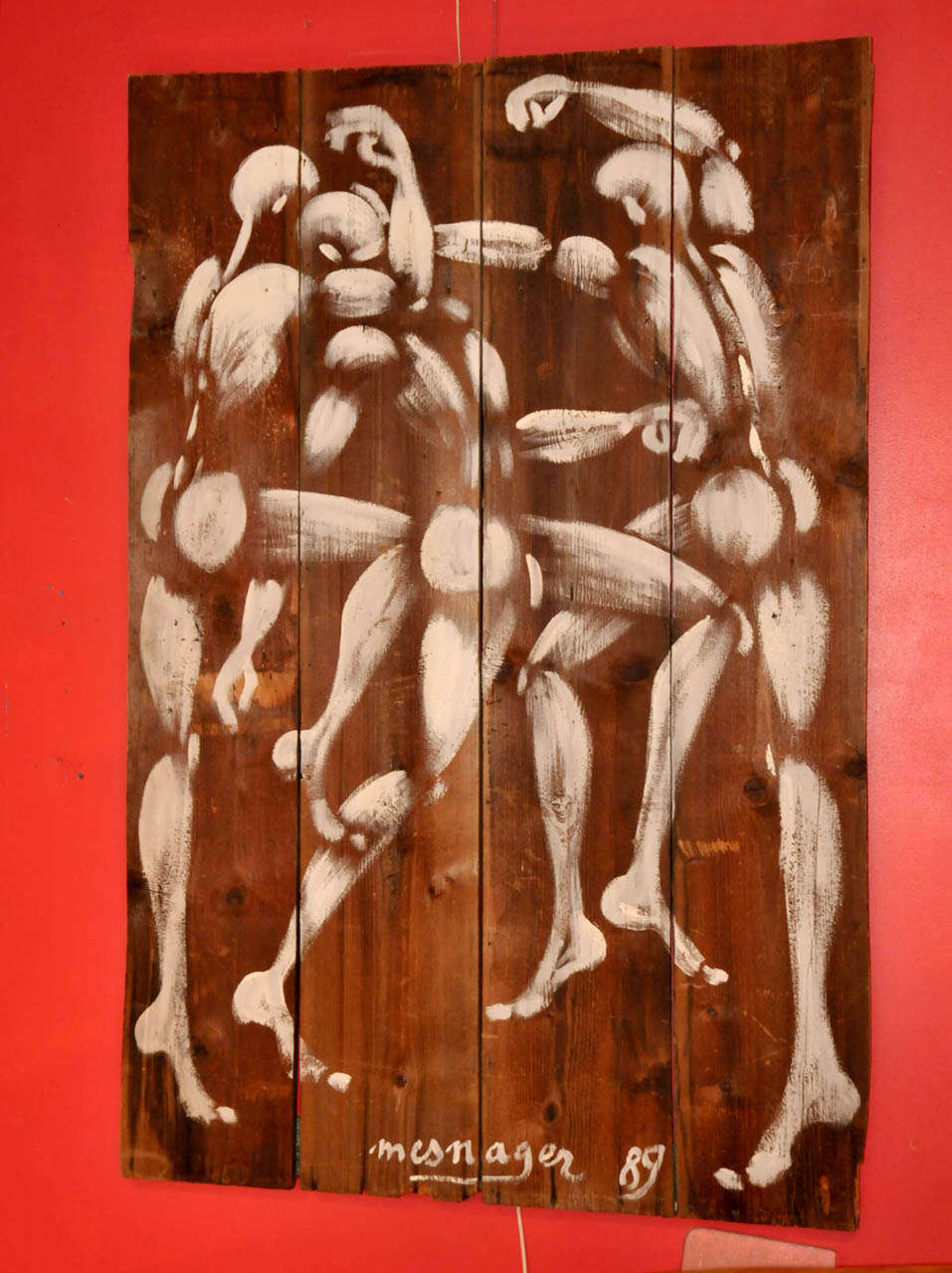 1989 painting on wood 'Le Combat' (The fight) by Mesnager. Very good condition. Normal wear consistent with age and use.