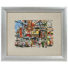 Mid Century Cubist Watercolor of Tijuana, Mexico by S. Salazar
