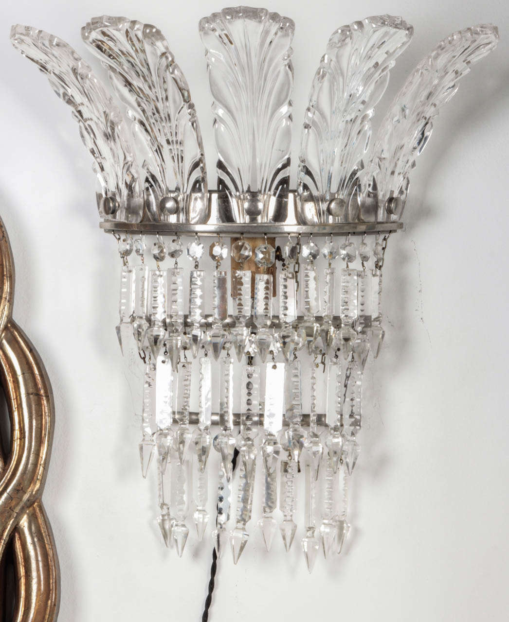 Pair of lead crystal and nickel three-teir sconces.  European, likely English, dating to the late 19th Century to early 20th Century.  Exceptional quality and craftsmanship.  Recently cleaned and restored; wired for U.S.