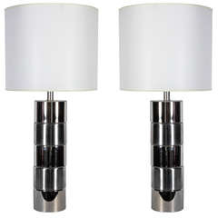Pair of Polished 
Satin Chrome Disc Lamps by Laurel