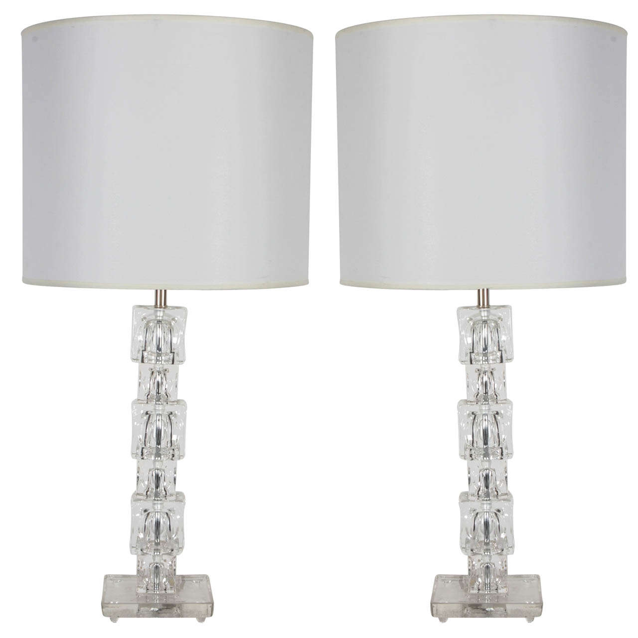 Pair of Stacked Crystal Block Lamps by Orrefors