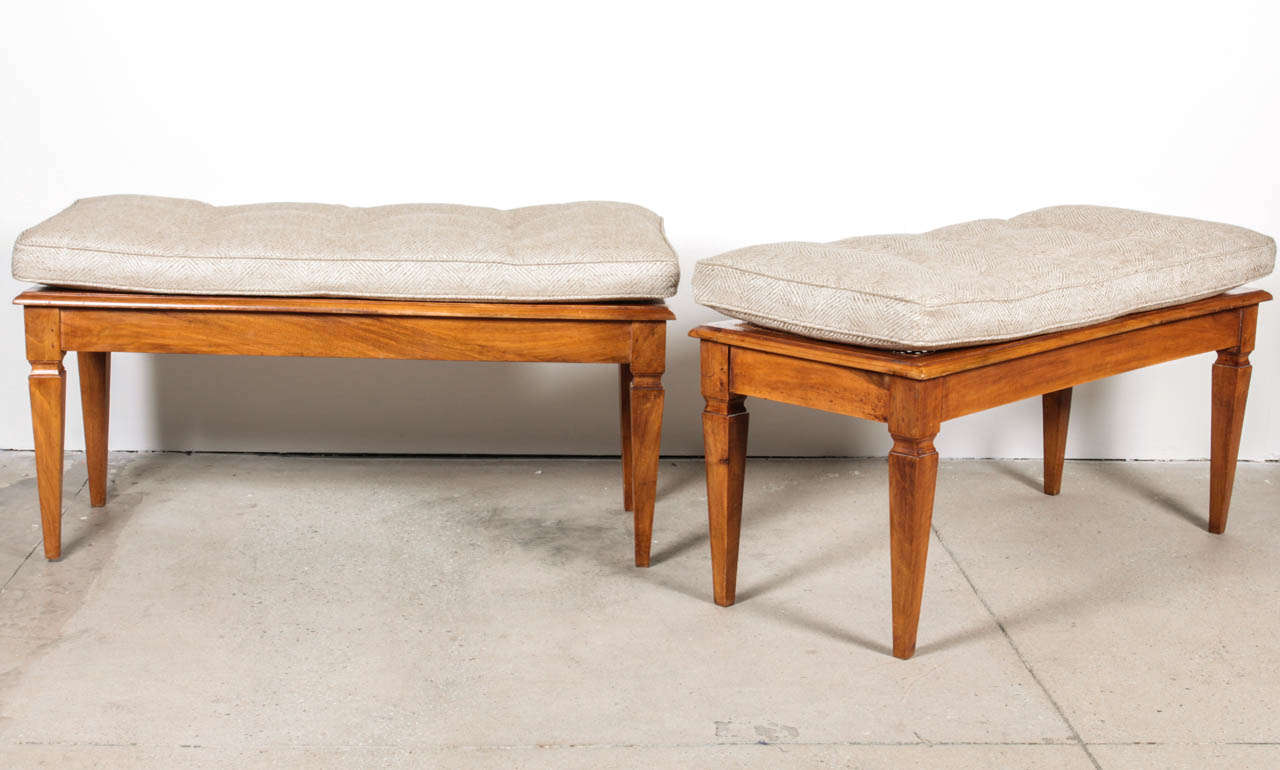 One walnut caned benche with tufted cushion. Newly upholstered seat cushion with tufts that is secured from below.
Height of Bench to Wood is 16.5