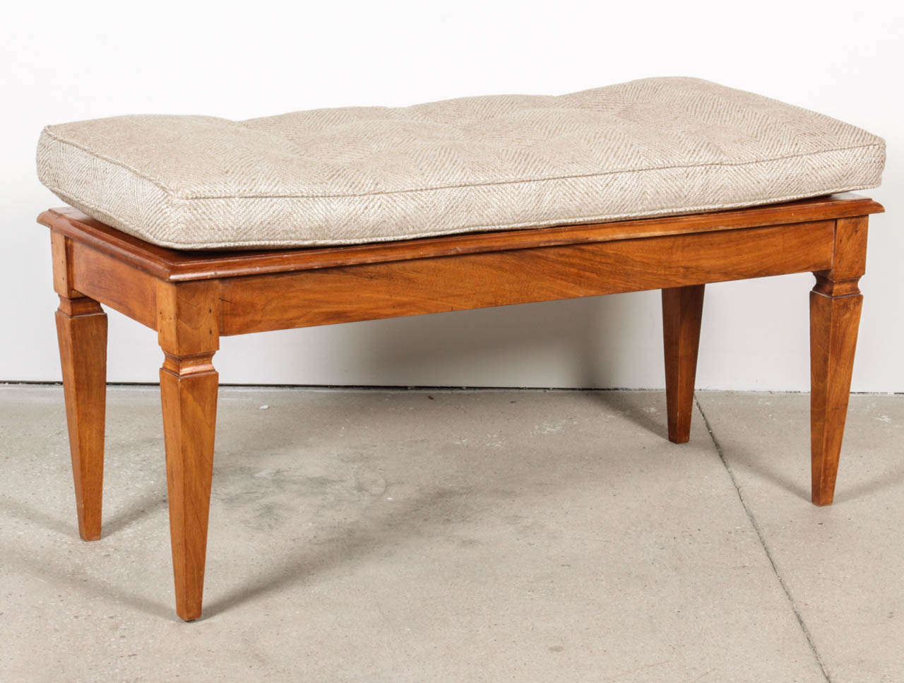 Mid-20th Century One Walnut Caned Bench with Tufted Cushion