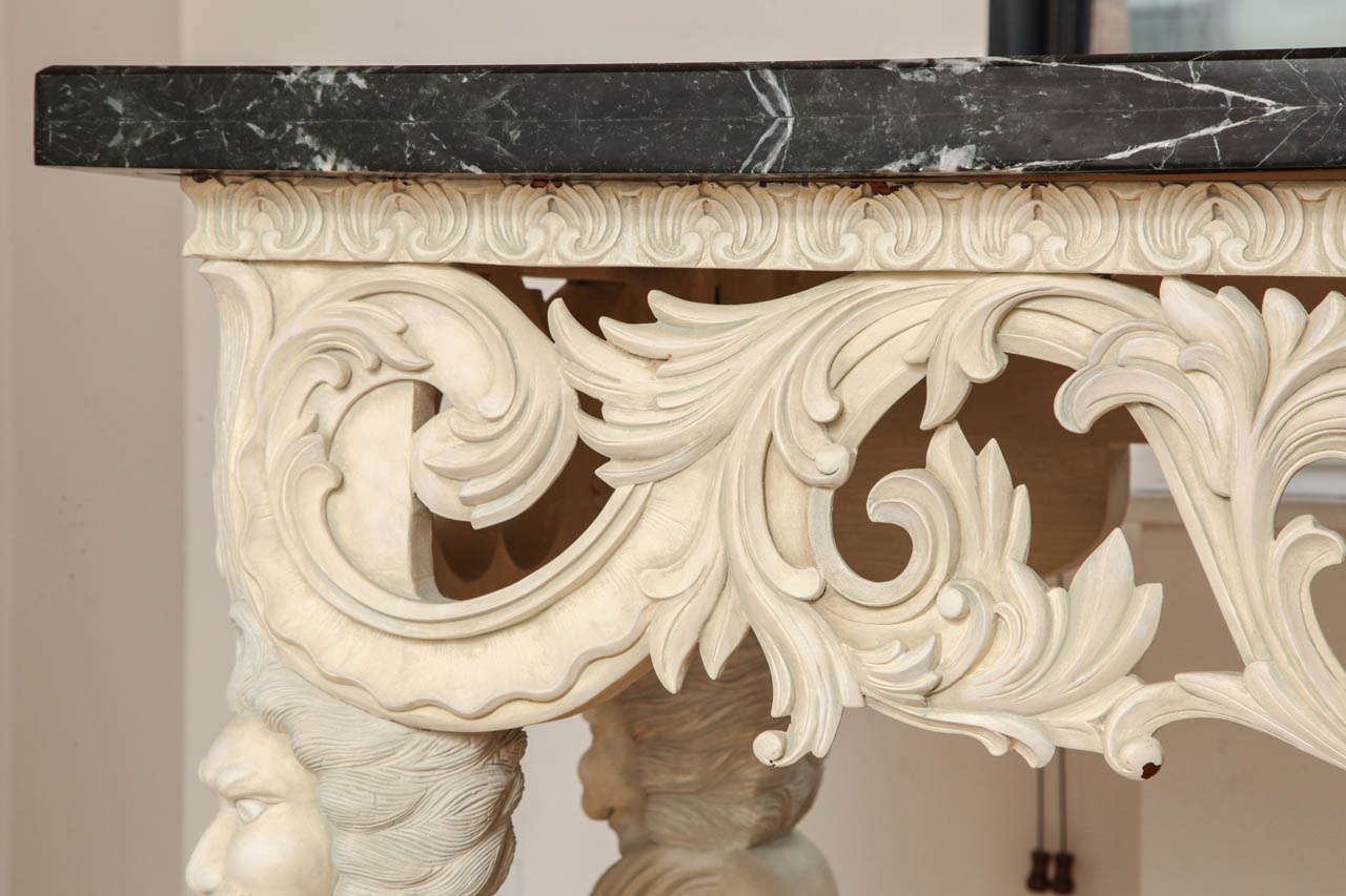 A George II Style Carved and Painted Console Table with Black Marble Top, c. 1940 For Sale 3