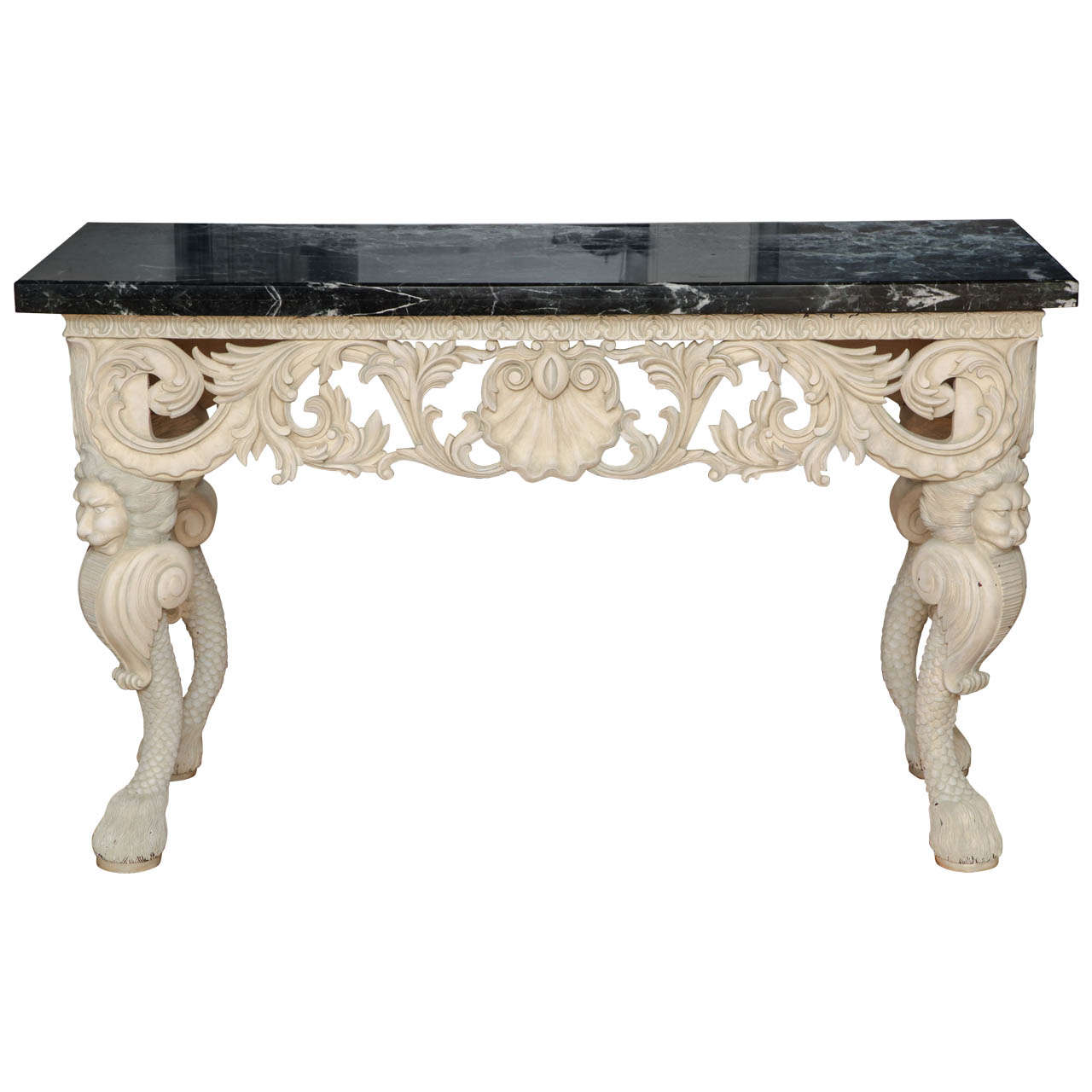 A George II Style Carved and Painted Console Table with Black Marble Top, c. 1940 For Sale