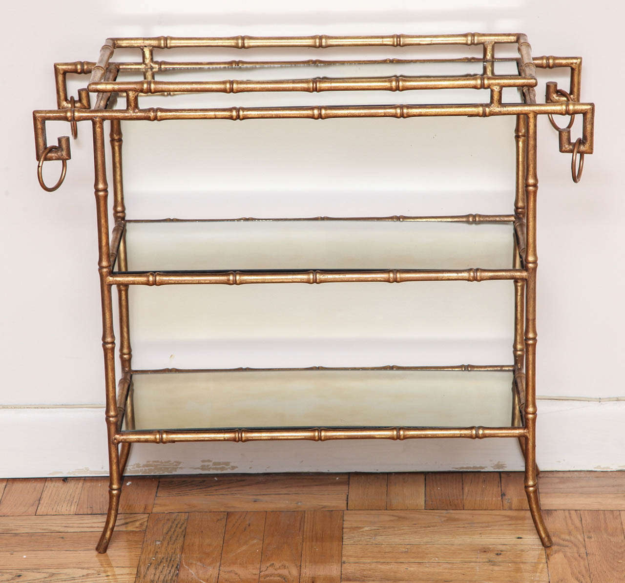 A Pair of Antique Gilt Metal Faux Bamboo 3-tier Etagere Tables with Smoked Mirror Inserts, France, c. 1940