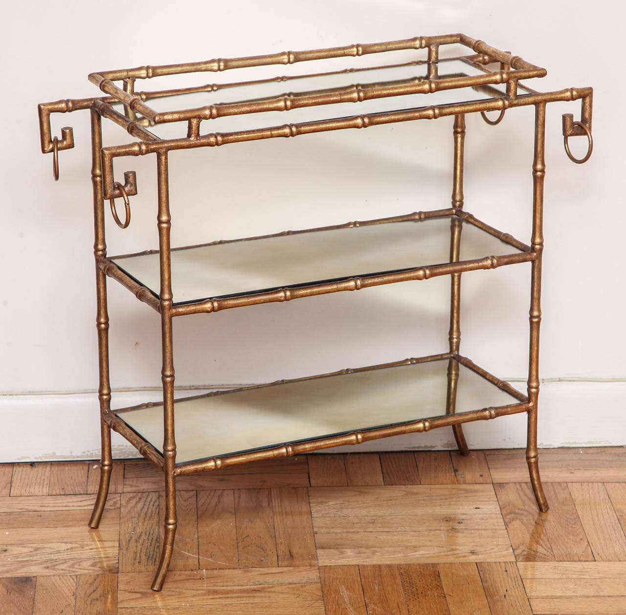 French A Pair of Antique Gilt Brass Faux Bamboo Etagere Tables, France, c. 1940