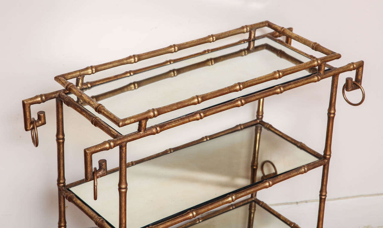 A Pair of Antique Gilt Brass Faux Bamboo Etagere Tables, France, c. 1940 1