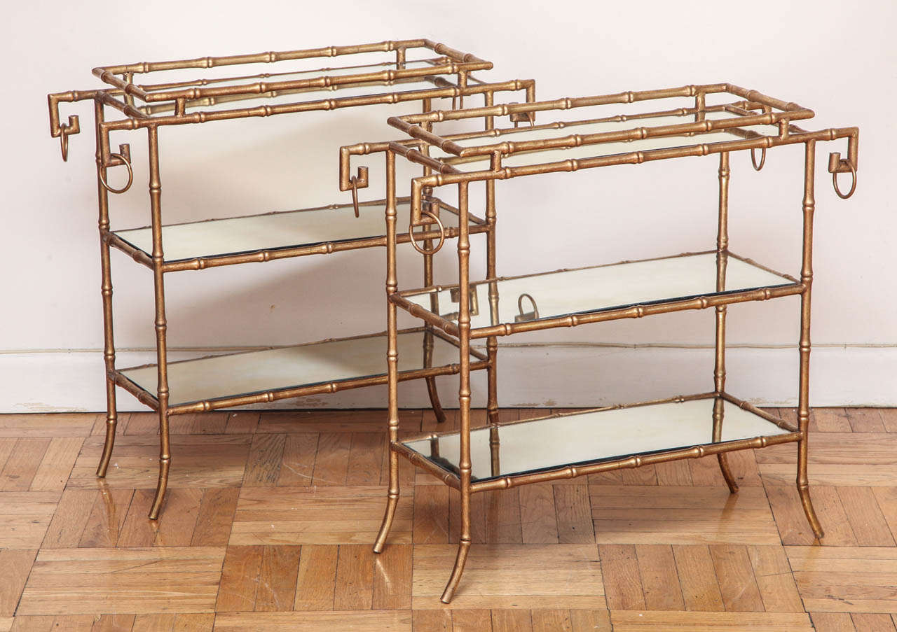 A Pair of Antique Gilt Brass Faux Bamboo Etagere Tables, France, c. 1940 4