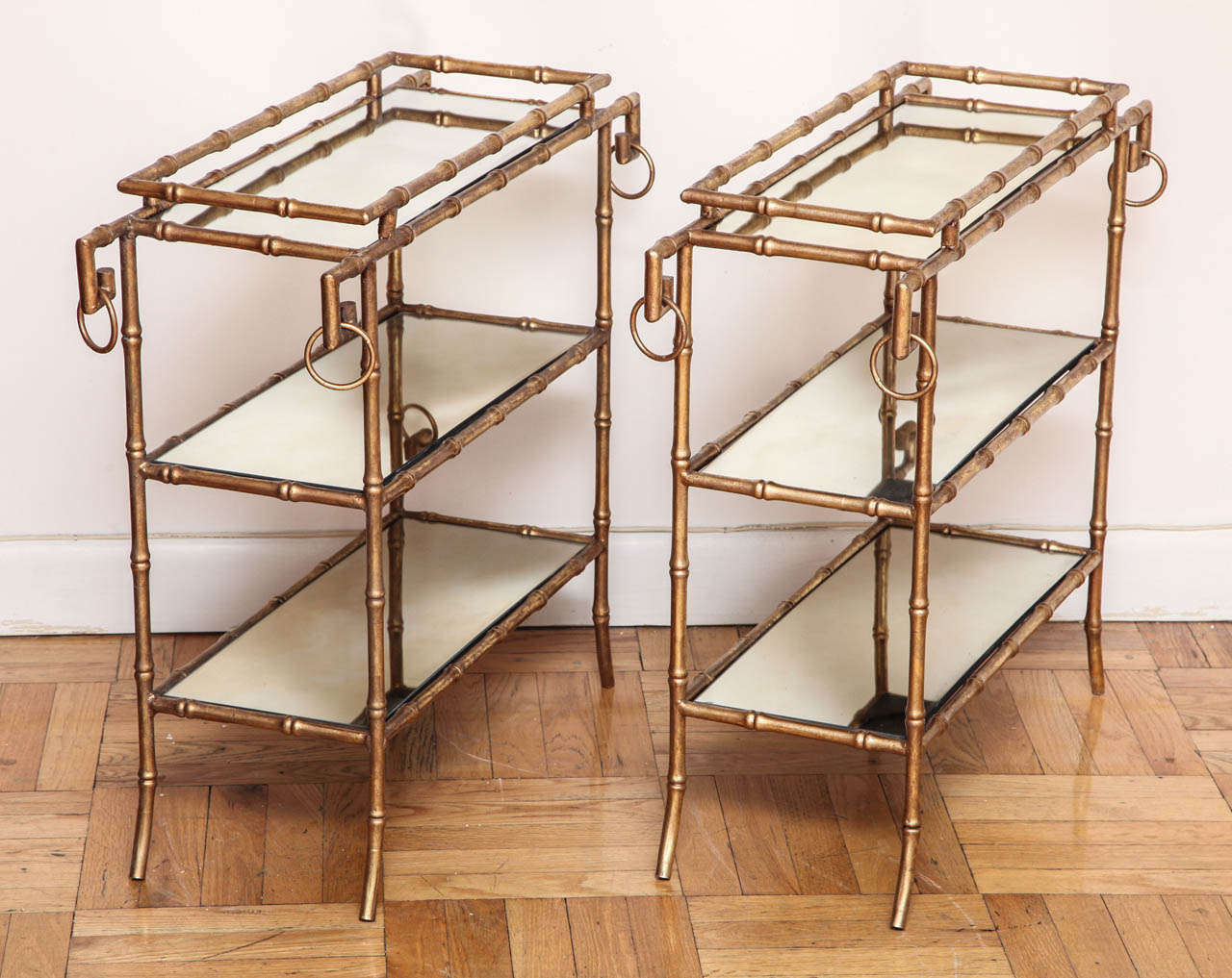 A Pair of Antique Gilt Brass Faux Bamboo Etagere Tables, France, c. 1940 5