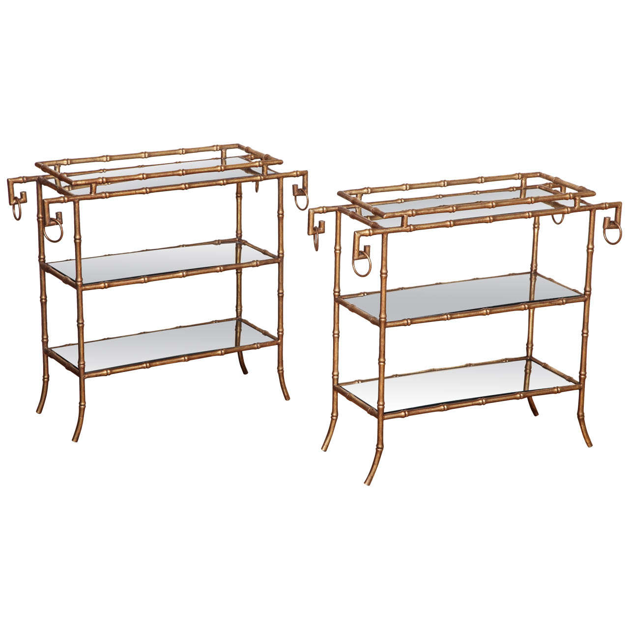 A Pair of Antique Gilt Brass Faux Bamboo Etagere Tables, France, c. 1940