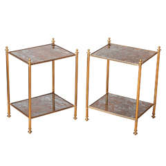 A Pair of Gilt Brass and "Tortoise" Smoked Glass Insert Etagere Tables, France c. 1950