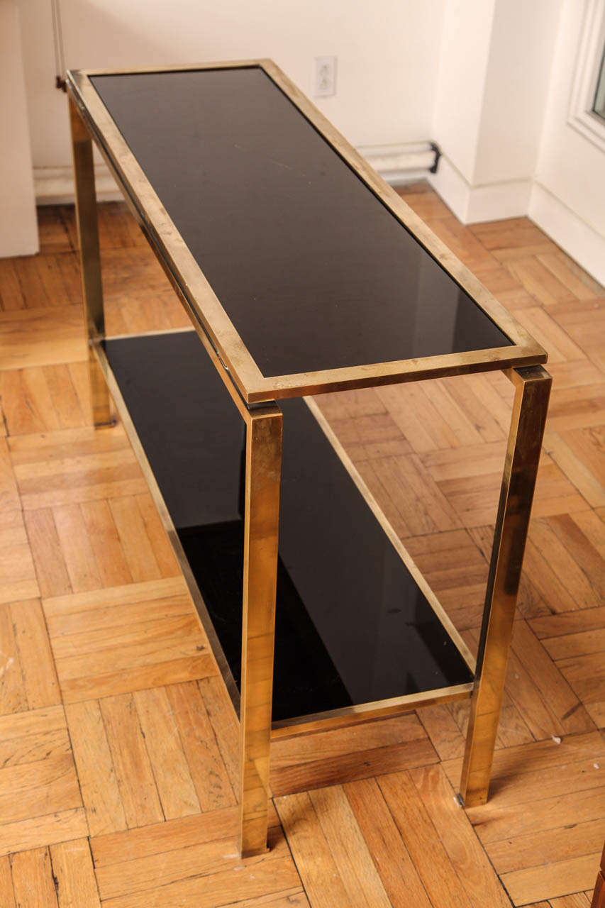 A Two-Tier Brass and Black Glass Console Table, France c. 1970 4