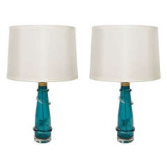 Pair of Sea Blue Glass Lamps by Carl Fagerlund