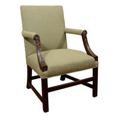 Mahogany open arm upholstered library chair