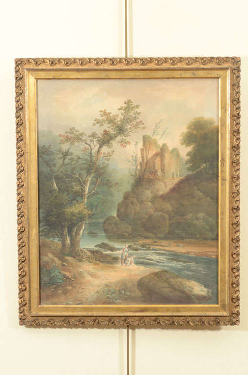 Landscape with river screen,  castle in the background.
Watercolor. Framed