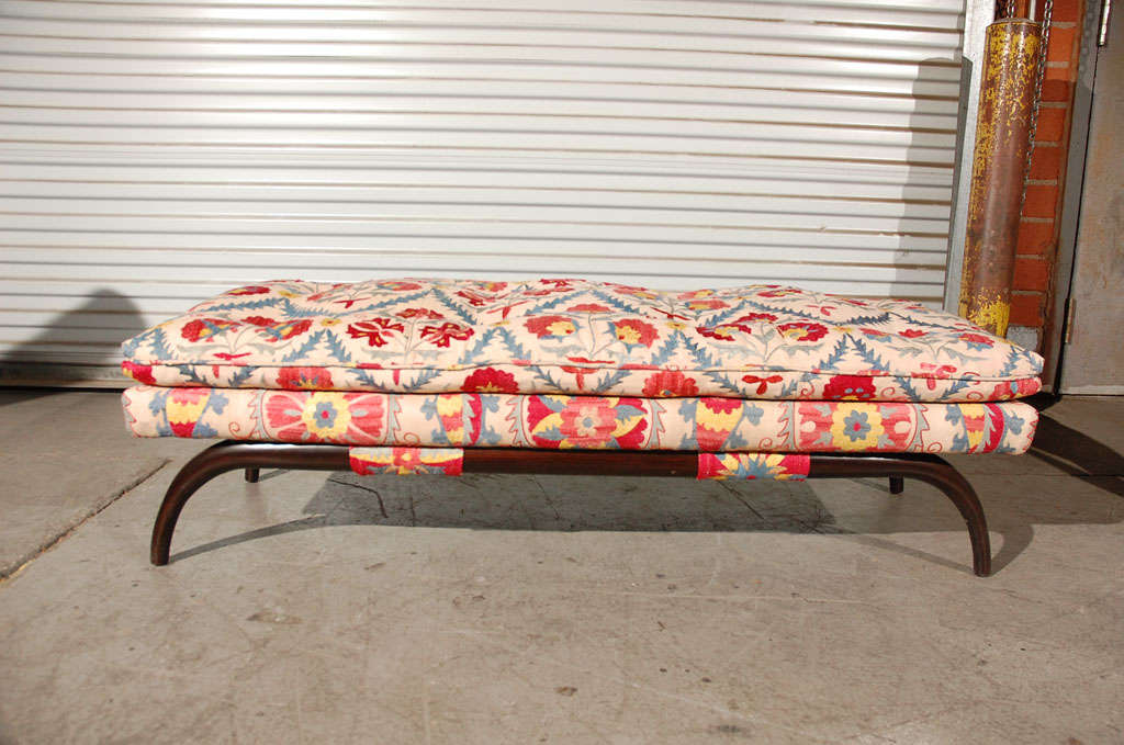 vintage modernist long bench in suzani fabric