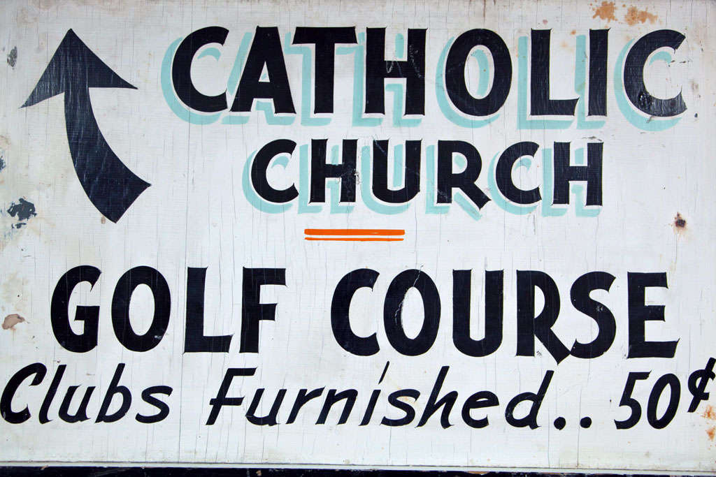 20th Century Painted Wooden Signboard for Church and Golf