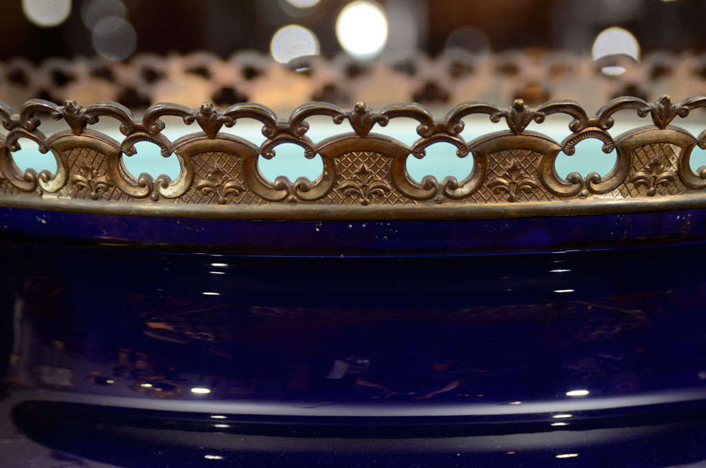 Brass 19th Century Cobalt Blue Jardiniere Attributed to Minton