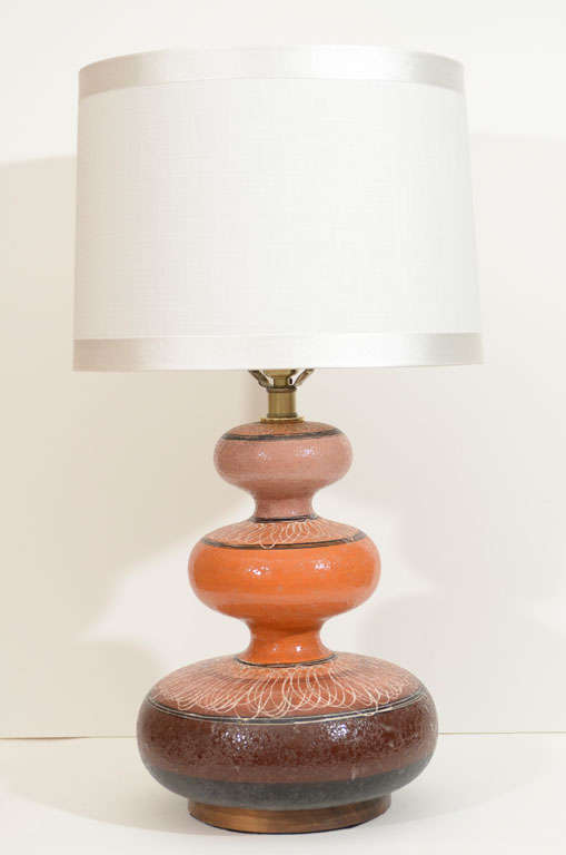 Pair of Orange, Tan &  Brown Triple Gored Italian Ceramic Lamps
