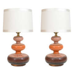 Pair of Orange, Tan 
 Brown Triple Gored Italian Ceramic Lamps