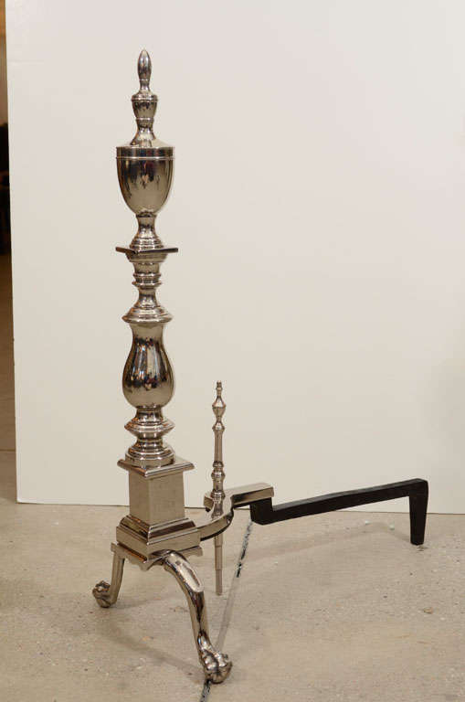 20th Century Pair of Large-Scale Hollywood Regency Polished Nickel Andirons