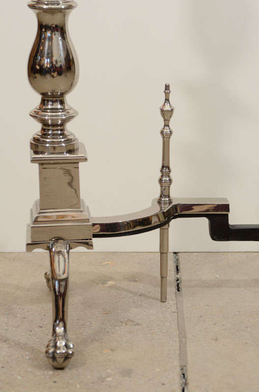 Pair of Large-Scale Hollywood Regency Polished Nickel Andirons 2