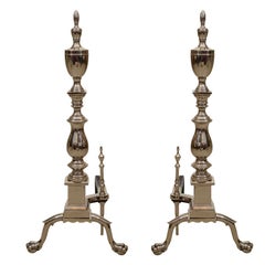 Pair of Large-Scale Hollywood Regency Polished Nickel Andirons