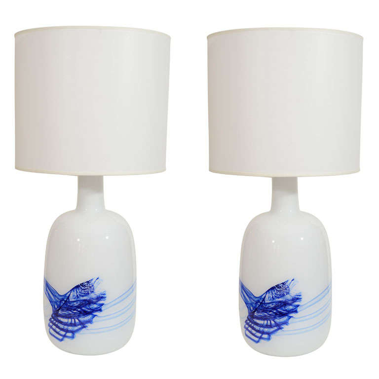 Rare XL size,  Michael Bang White/Blue Glass Lamps  For Sale
