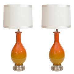 Pair of Crackled Glazed Citrus Yellow/Orange Ombre Lamps