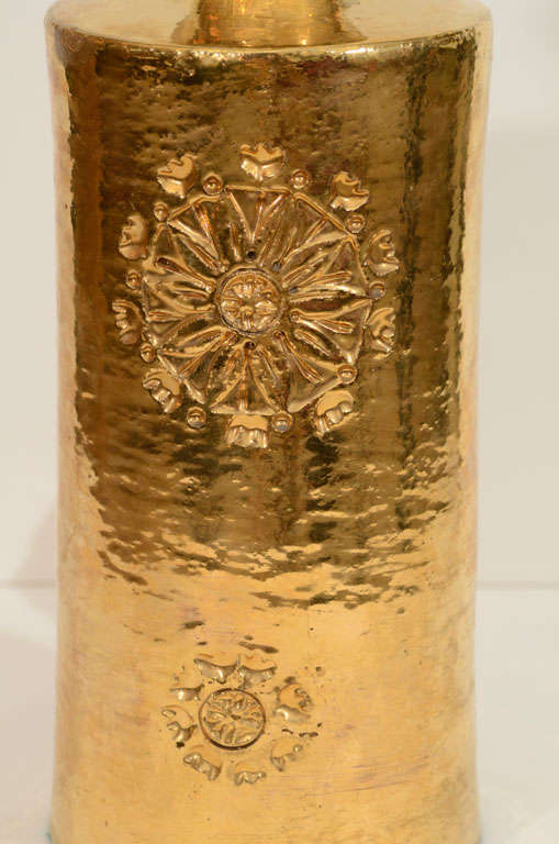 Brass Pair of Swedish 22-Karat Gold Glazed Incised Ceramic Lamps by Bergboms