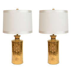 Pair of Swedish 22-Karat Gold Glazed Incised Ceramic Lamps by Bergboms