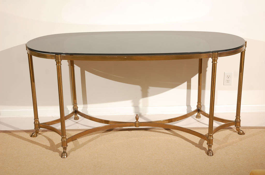 La Barge Brass Console Table  w/ Hoofed Feet and Black Glass Top