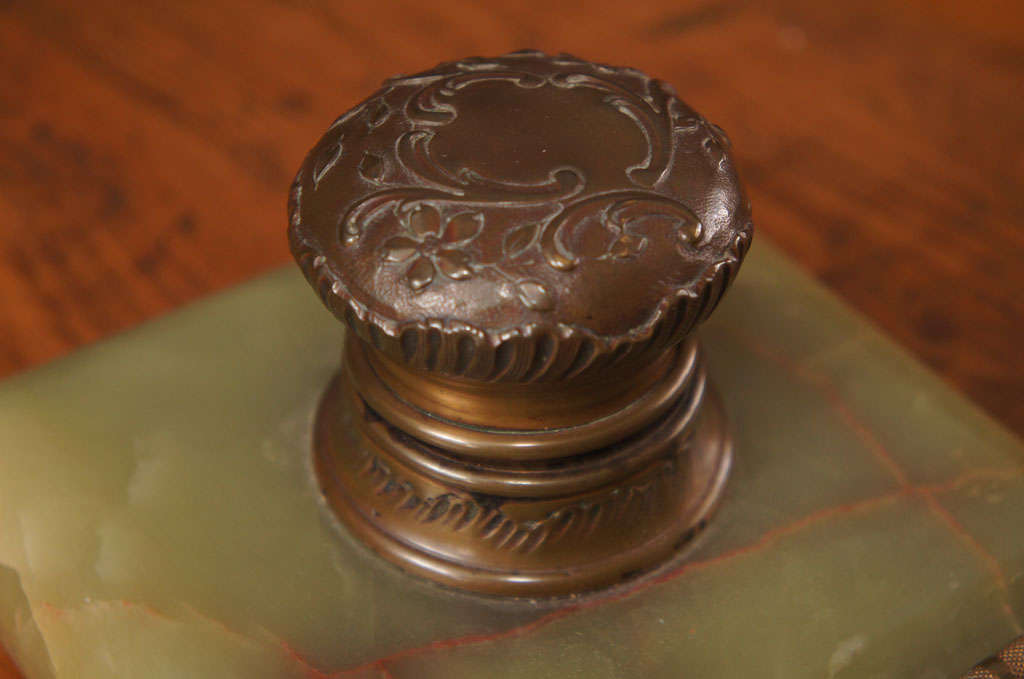 19th Century French Marble and Brass Inkwell and Pen
