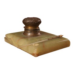 French Marble and Brass Inkwell and Pen
