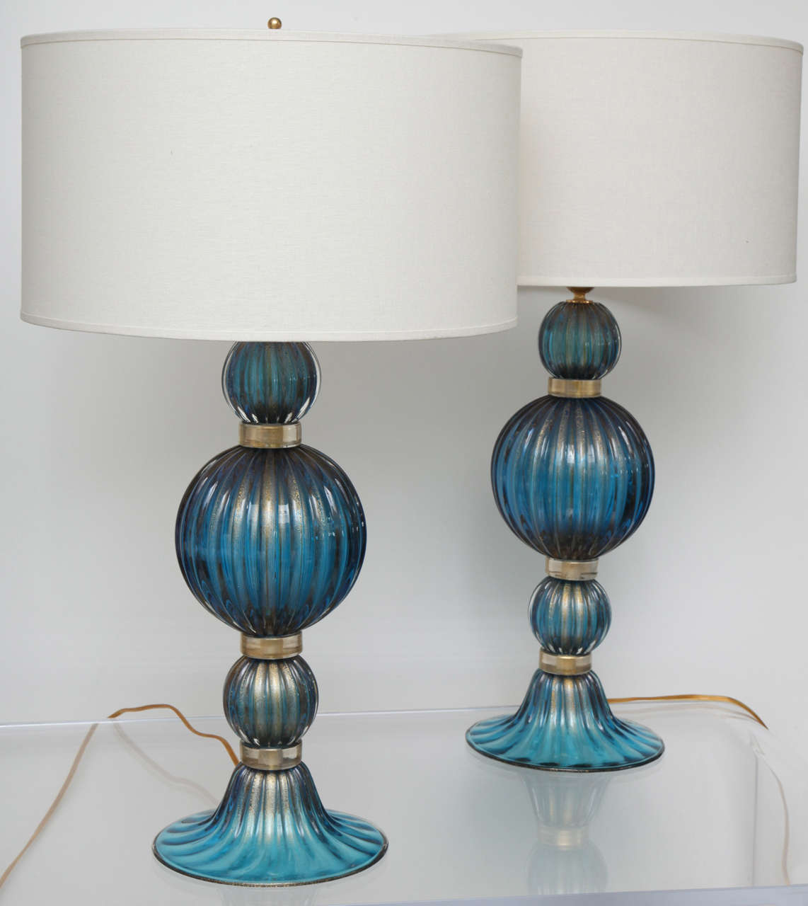 Italian Extraordinary Pair of Gold and Cobalt Blue Murano Glass Lamps