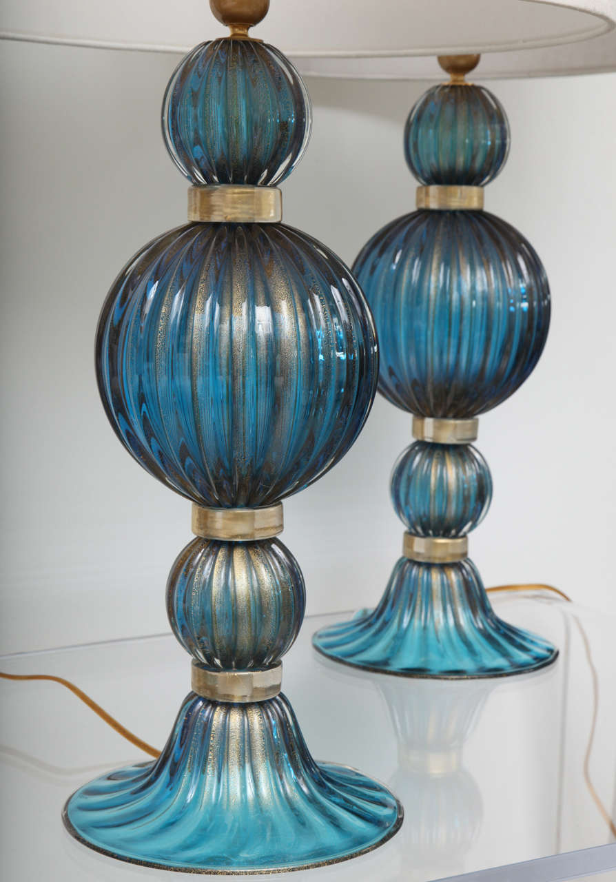 Hand-Crafted Extraordinary Pair of Gold and Cobalt Blue Murano Glass Lamps