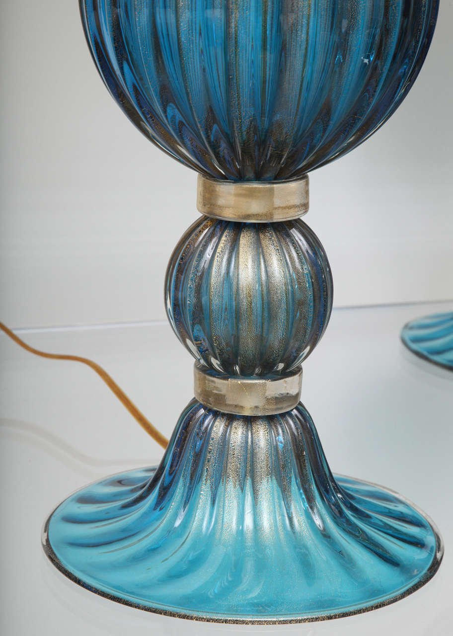 20th Century Extraordinary Pair of Gold and Cobalt Blue Murano Glass Lamps