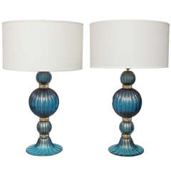 Extraordinary Pair of Gold and Cobalt Blue Murano Glass Lamps