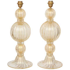 Extraordinary Pair of "Avventurina" Italian Murano 23k Gold Glass Lamps