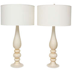Pair of Hand Blown Murano Glass Lamps White with 24K Gold