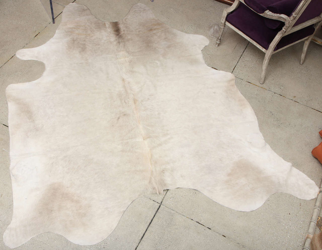 This hair on hide rug is naturally white (not dyed) and hence, one of the rarest available. This one in particular has beautiful hues of taupe or warm light brown scattered throughout, adding a nice contrast  Beautiful on its own or layered with