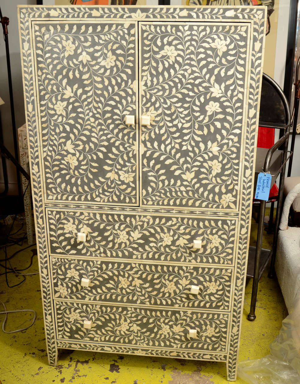 Indian Cabinet with Inlaid Grey Bone, Floral Design In Good Condition In New York, NY
