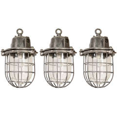 French Metal Industrial Pendant Light with Cage and Bell Shaped Glass