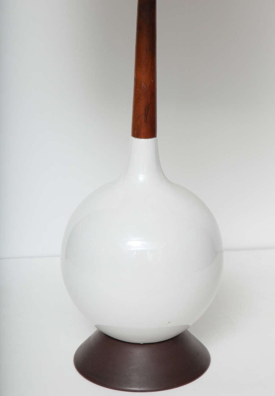 Mid-Century Modern Pair of White Ceramic & Walnut Table Lamps