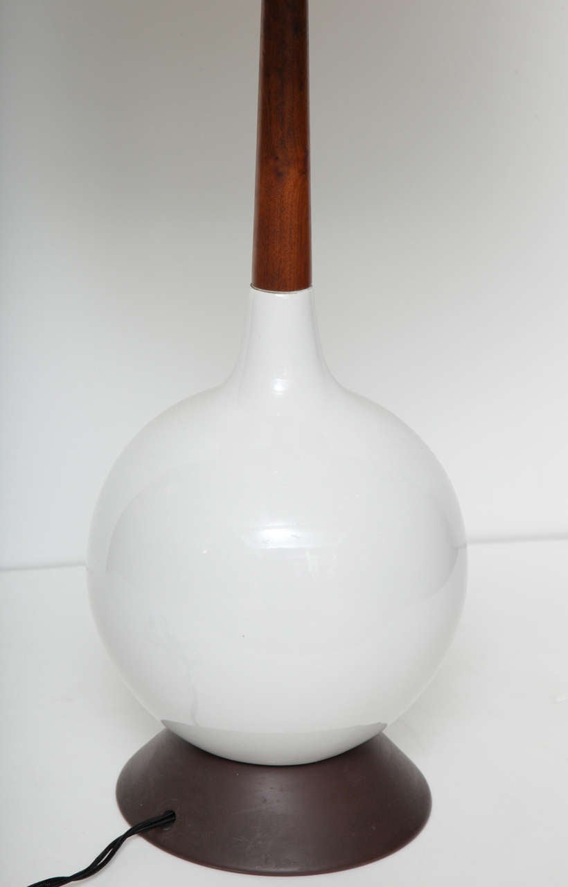 Mid-20th Century Pair of White Ceramic & Walnut Table Lamps