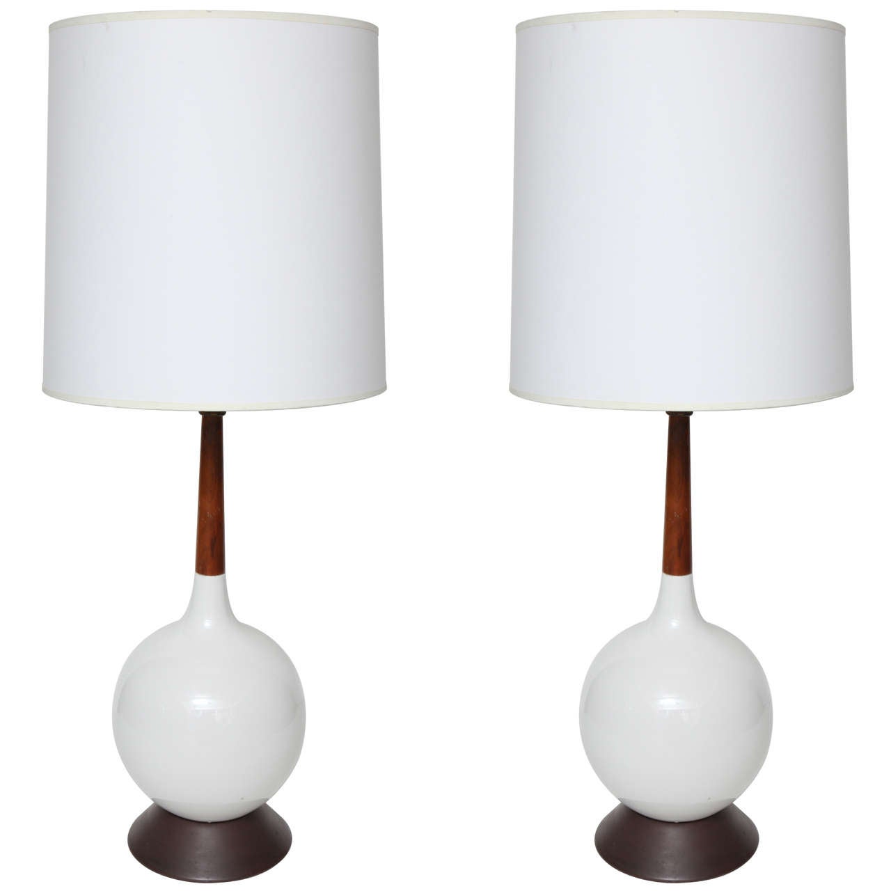 Pair of White Ceramic & Walnut Table Lamps