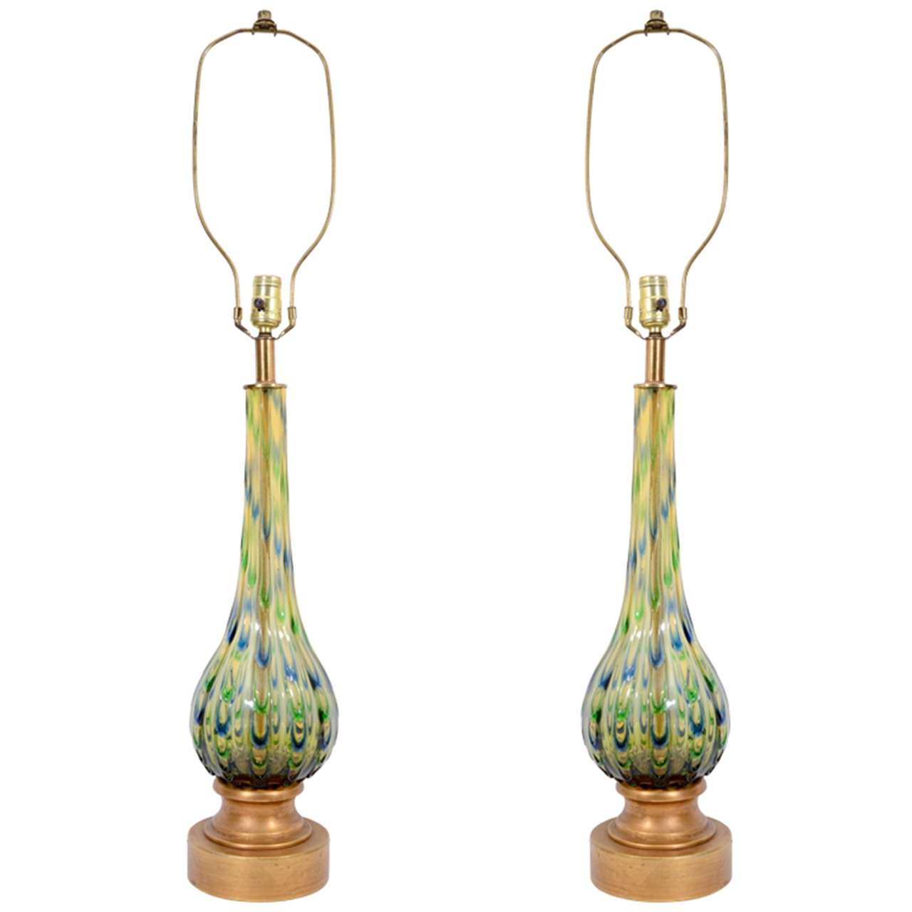 Pair of Mid Century Seguso Murano Glass Lamps in Green, Blue and Amber