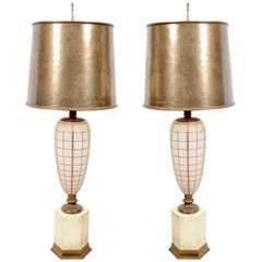 Pair of Mid Century Lamps with Frosted Glass Bodies and Geometric Accents