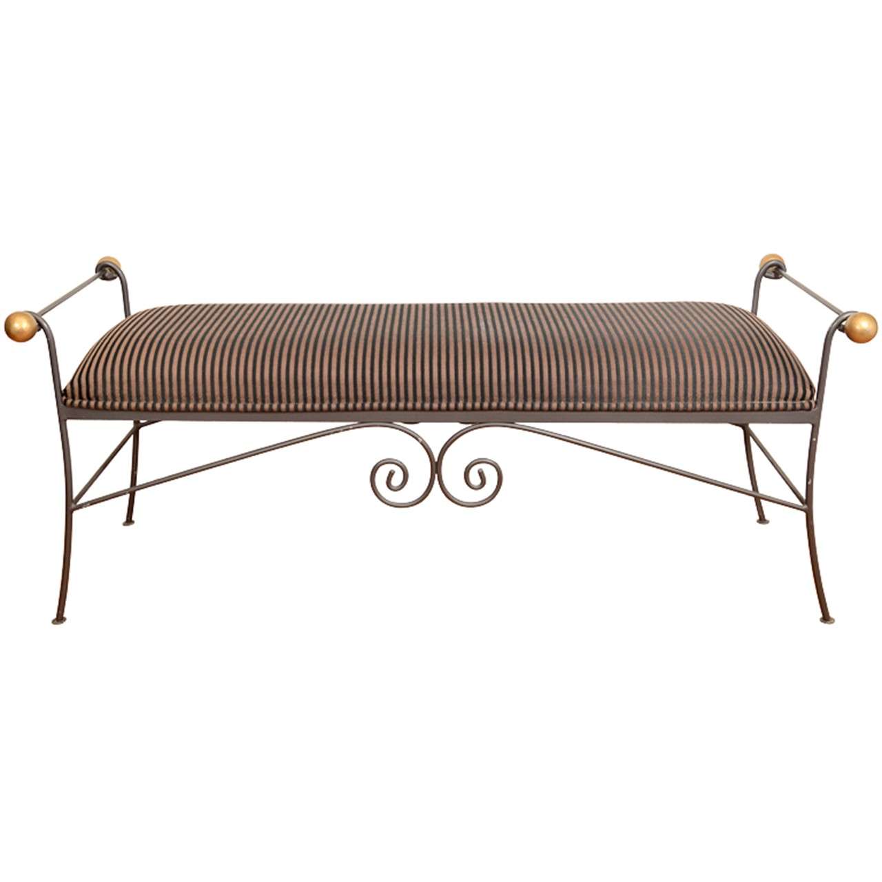 Mid Century Iron Bench with Striped Upholstery